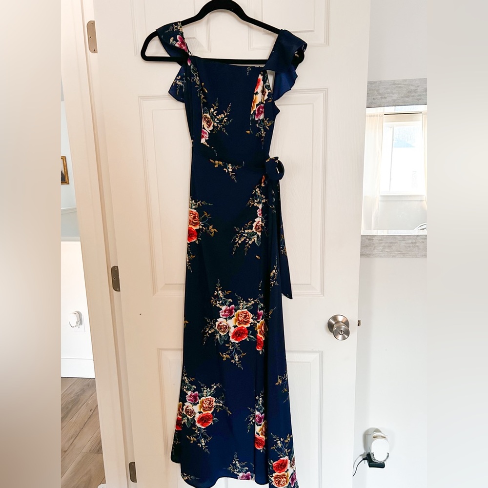 Navy Blue Floral Off Shoulder Wrap Cutout Back Maxi Dress